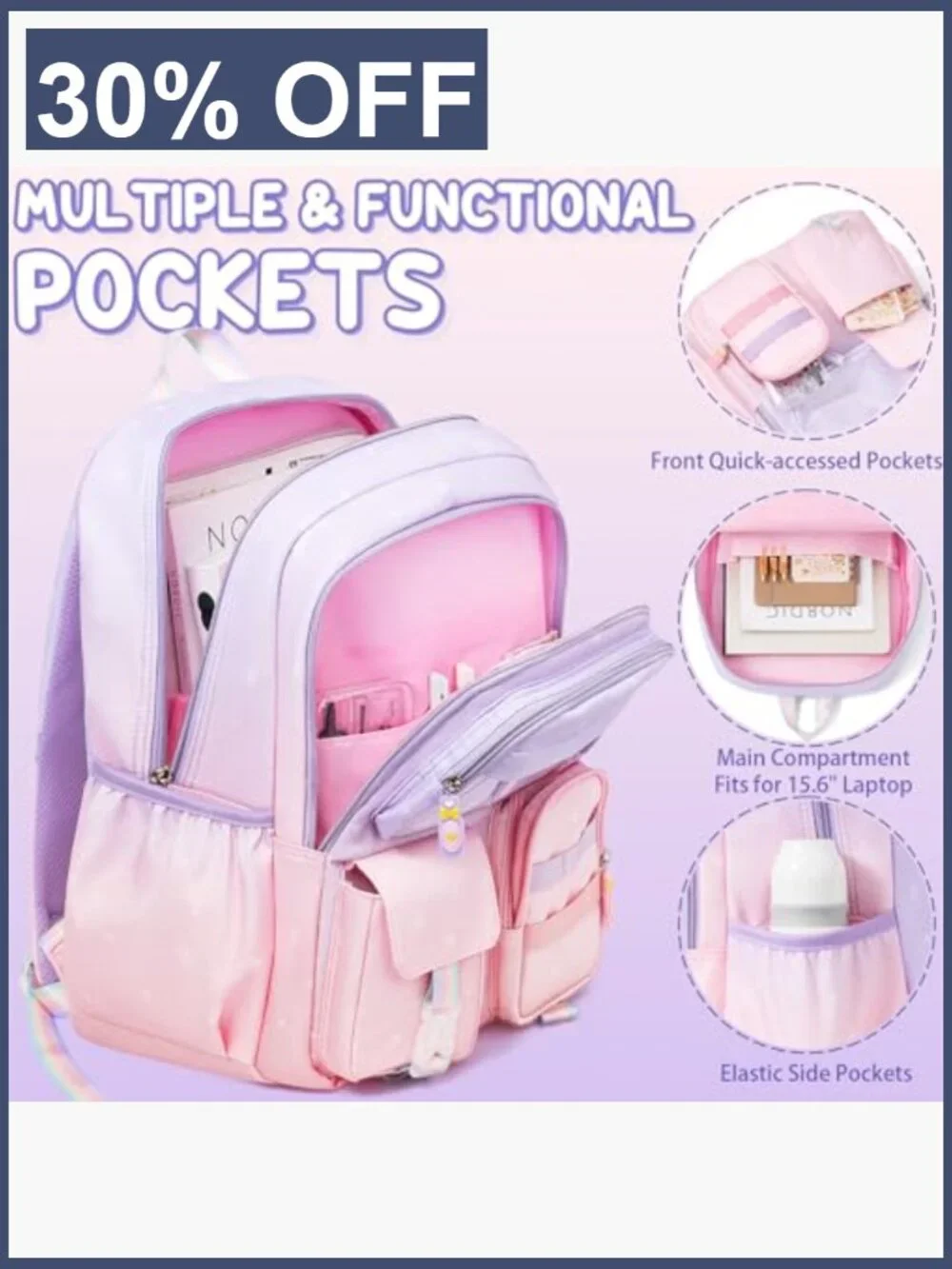 3-Piece Backpack Set with Lunch Bag & Pencil Case, Waterproof Bookbag for Girls